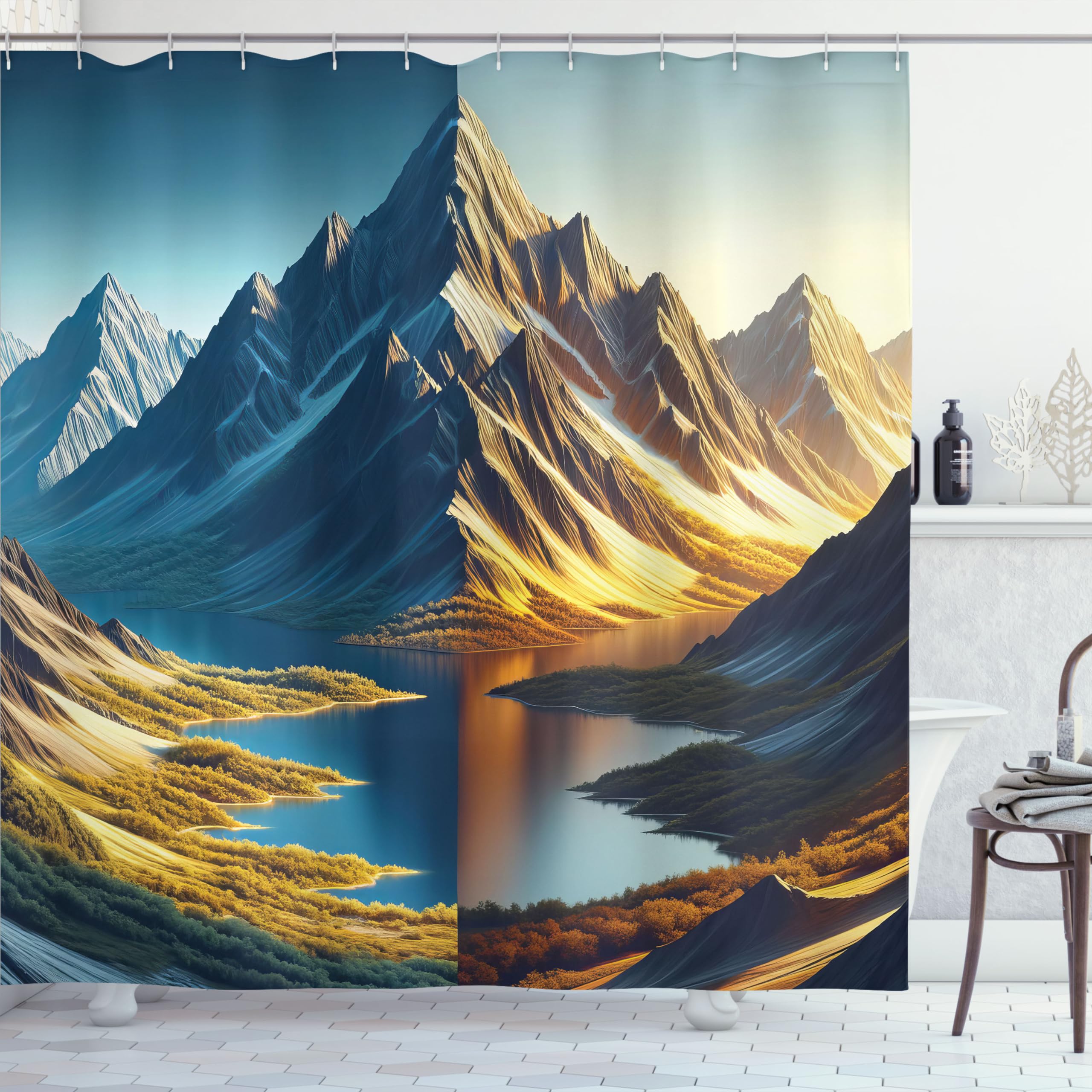 Ambesonne Lake Shower Curtain, Dreamy Art Of Snowy Mountain Panorama With Sunny Shades And Greenery Meadows, Cloth Fabric Bathro